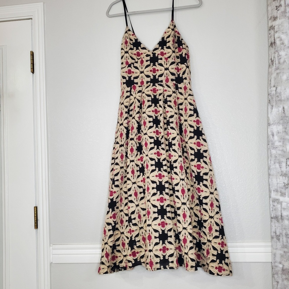 HM Black Tan Red Jacquard Midi Dress Silk Wool Blend Strappy V-Neck Size 6 - Picture 2 of 10